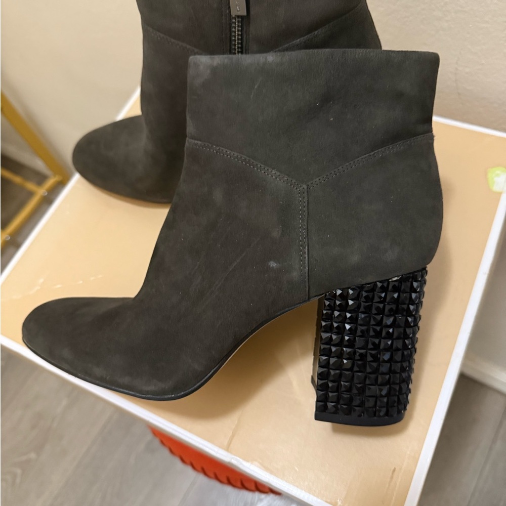 Micheal Kors Elegant Charcoal  Gray Studded Heel Ankle Boots